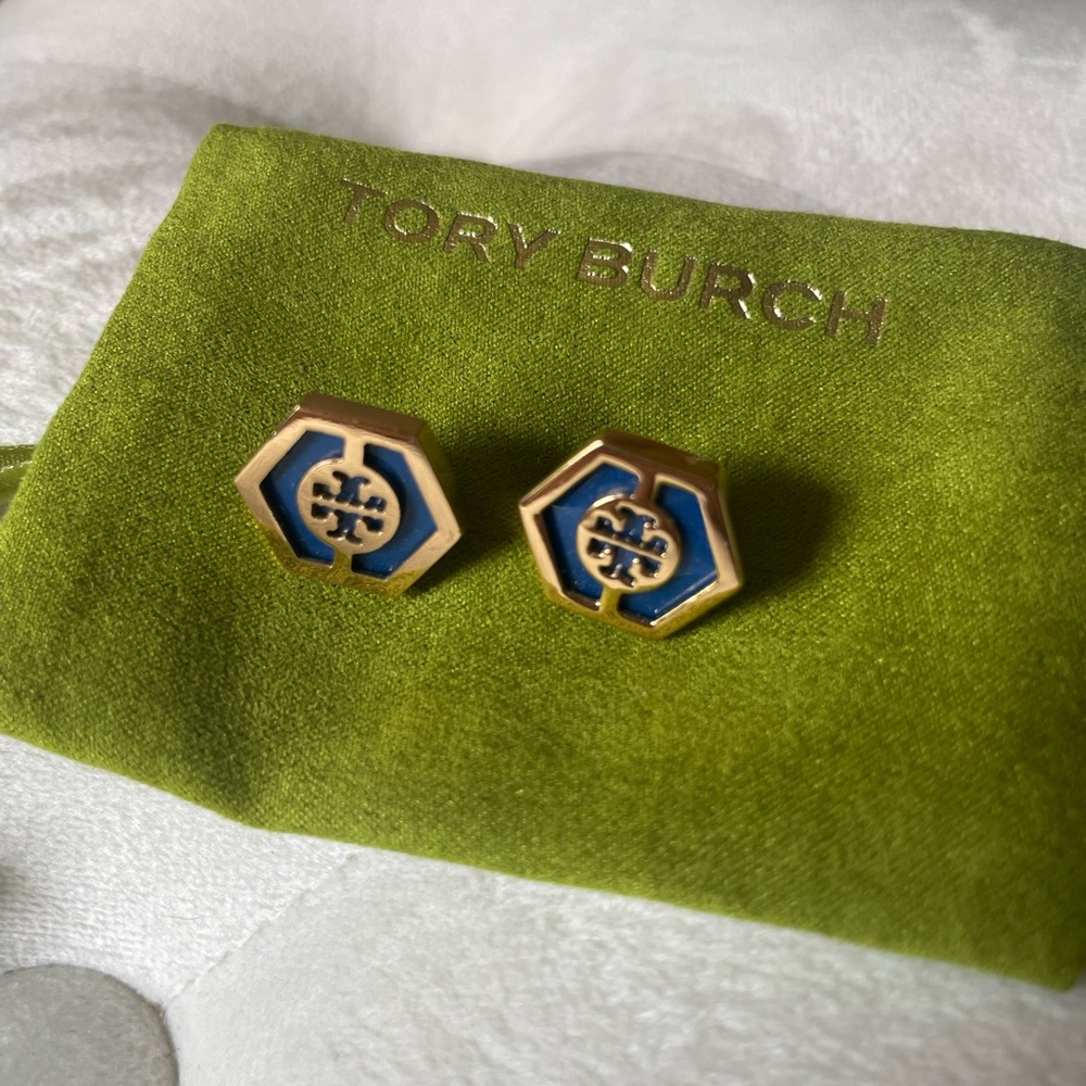 Tory Burch Gold and Blue Hexagon Earrings